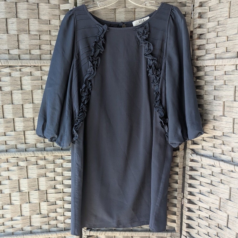 Tibi Mini Shift Dress Dark Navy Blue Ruffle Pintuck Puff Sleeve Silk Blend Sz 4